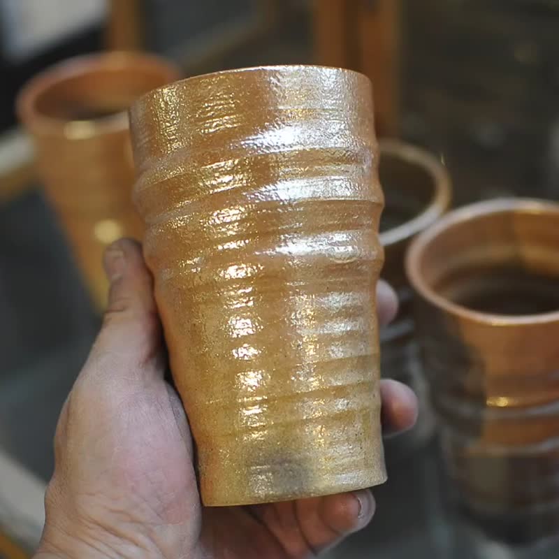2 pieces set・Beer mug with golden sunset・Beer cup・Rokuroku type・Kiln distortion level 3 - แก้ว - ดินเผา สีส้ม
