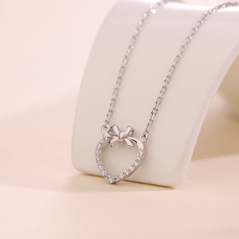 simple lovely heart bow silver necklace - Necklaces - Silver Silver