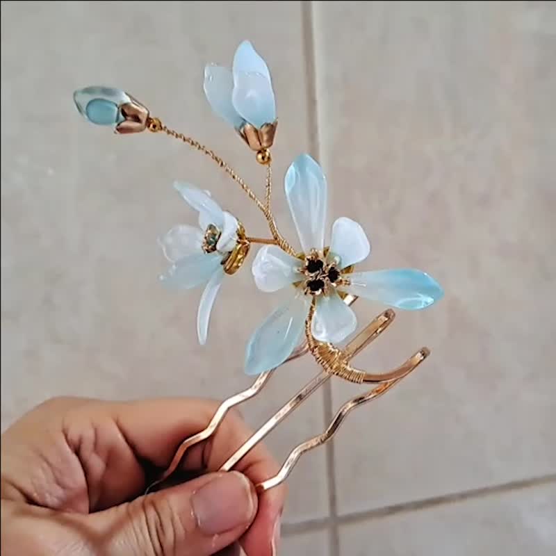古風琉璃系列【清雅素心蘭】~後壓式髮簪~ - 髮夾/髮圈 - 玻璃 藍色