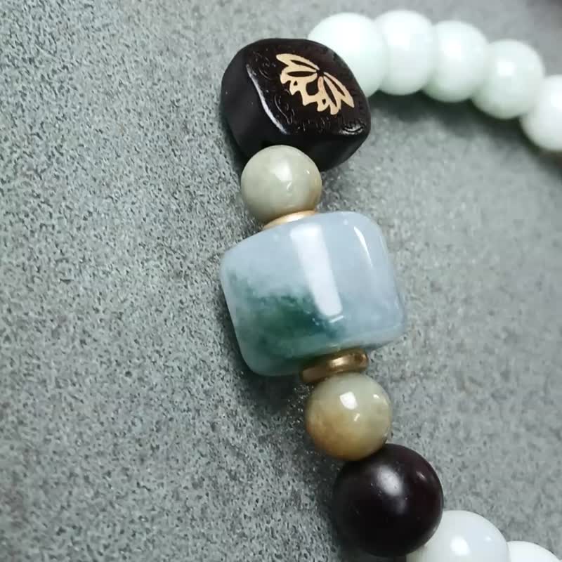 [Christmas Gift Box] Beaded Design Bracelet - Perfect Green Ice Burmese Jade + Obsidian + Ebony - Bracelets - Jade Brown