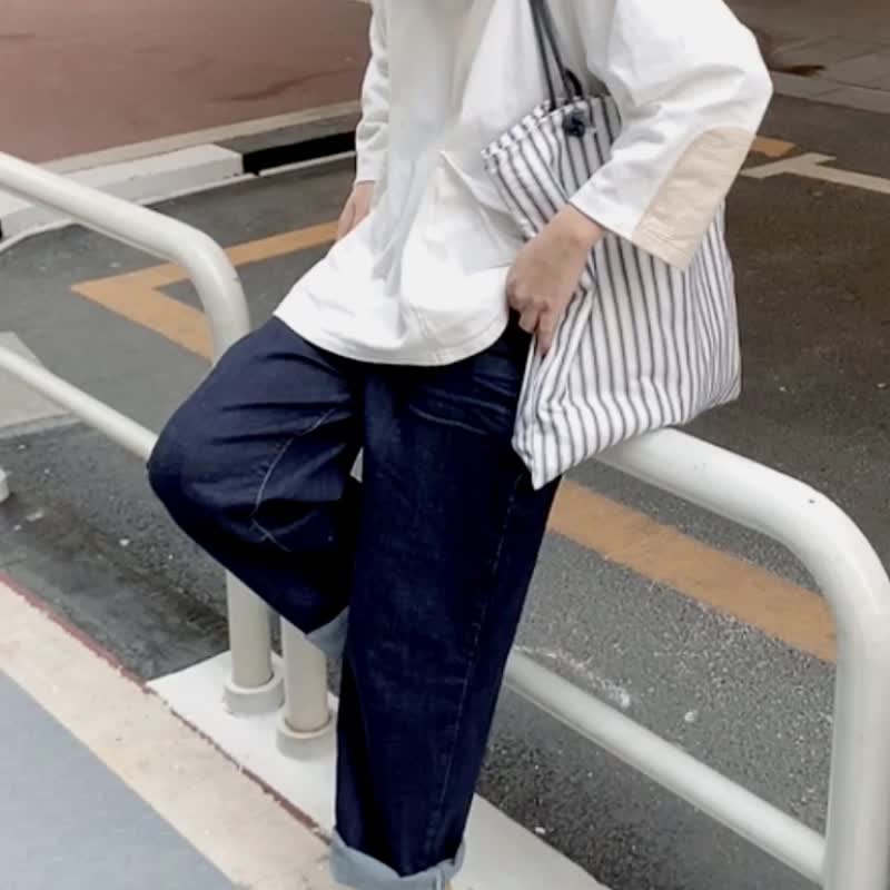sobag日系夏季海軍藍條紋帆佈單肩包包女小眾休閒拉鍊手拎托特包 - 側背包/斜背包 - 棉．麻 白色