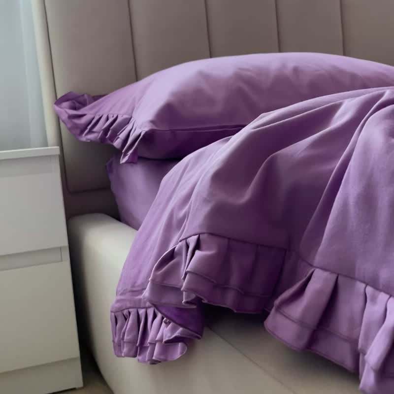 荷葉邊枕頭套 丁香紫，100% 純棉緞織，信封式開口 - 寢具/床包 - 棉．麻 紫色