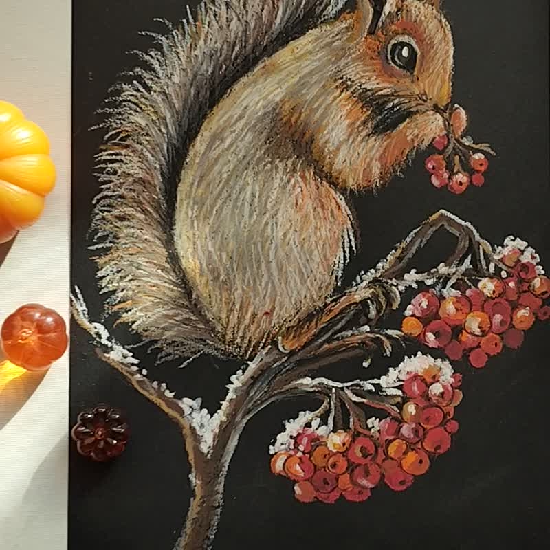 リスの絵の森の絵画肖像画動物アート冬の絵画の描画 - ショップ