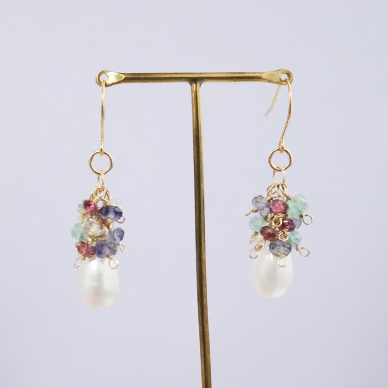 Freshwater pearl, pink tourmaline, beryl, iolite, emerald, Clip-On , charms - Earrings & Clip-ons - Stone Multicolor