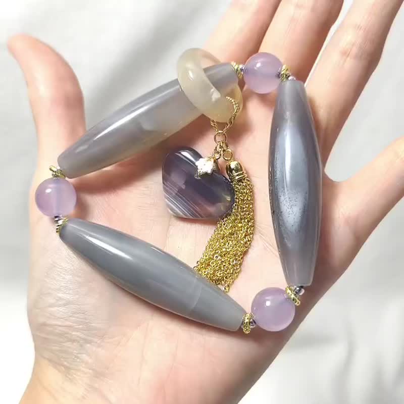 瑪瑙玉瓍 古董長珠 三元及第 戒環 心想事成 手鍊 單品 禮物 - 手鍊/手環 - 寶石 灰色