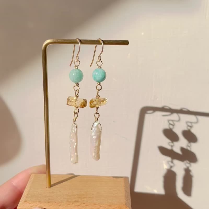 Light luxury long earrings strip pearl irregular citrine Tianhe Stone keshi pearl American production 14KGF - ต่างหู - เครื่องประดับพลอย หลากหลายสี