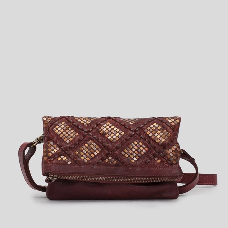 [Spain BIBA] Jensen hand-stitched prismatic check clutch/shoulder bag | burgundy woven bag - Messenger Bags & Sling Bags - Genuine Leather Red