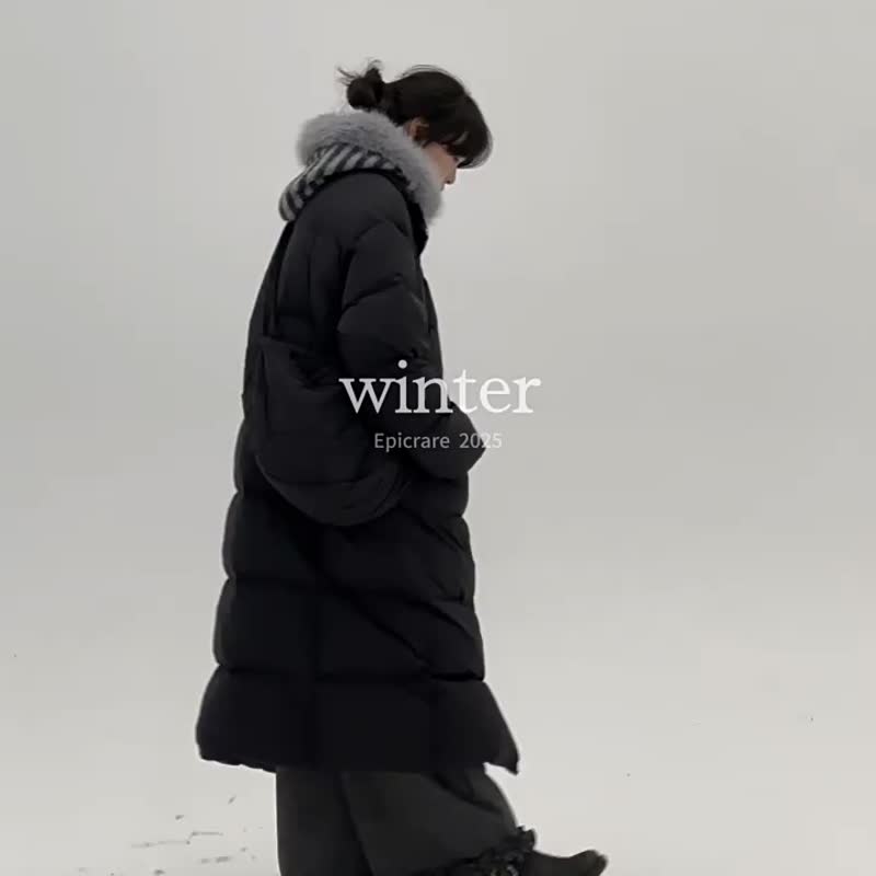 Black Winter Forest 90% Down Large Crossbody Bag Stand-Up Collar Down Jacket Warm Winter Long Coat - เสื้อแจ็คเก็ต - ไฟเบอร์อื่นๆ สีดำ