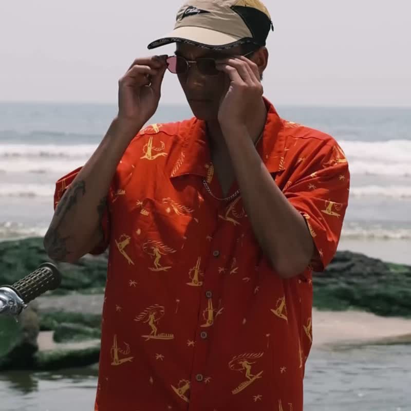 復古夏威夷沙灘恤衫 - 男襯衫/休閒襯衫 - 棉．麻 紅色