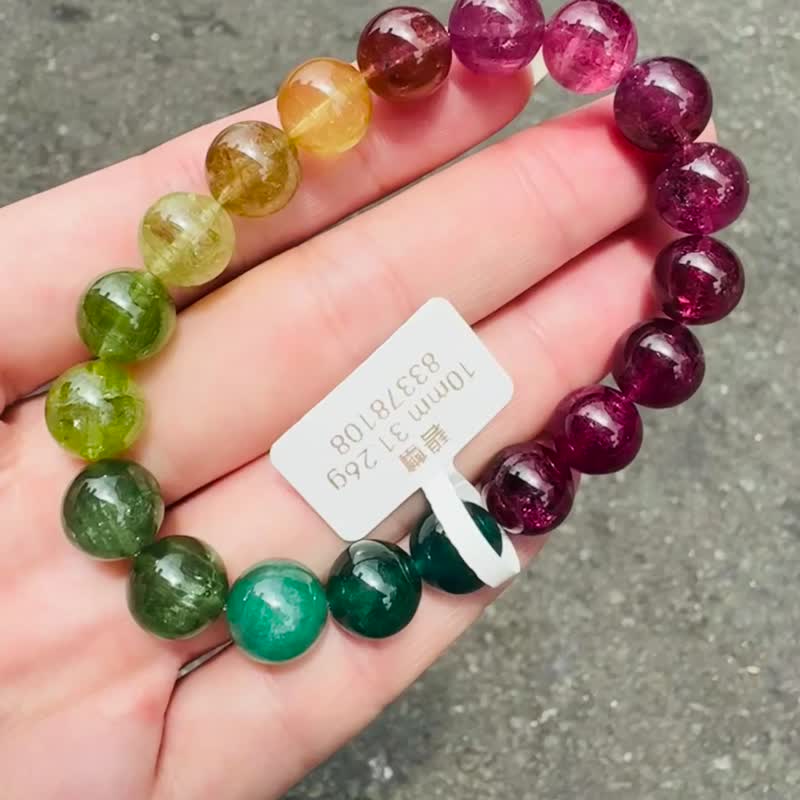 精品天然濃色大珠碧璽10mm31.26g經典色系帶湖水藍碧漸層粉色碧璽 - 手鍊/手環 - 水晶 多色
