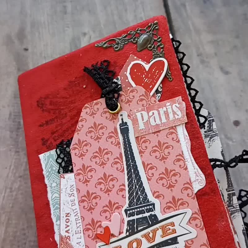 Paris junk journal handmade Travel dairy European holiday notebook for girls - 筆記簿/手帳 - 紙 紅色