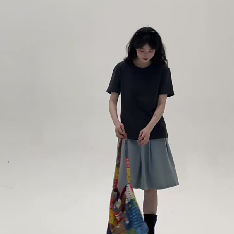 淺藍色 牛仔五分短裙 簡約學院休閒百搭寬鬆顯瘦百搭中長裙 - 裙子/長裙 - 棉．麻 藍色