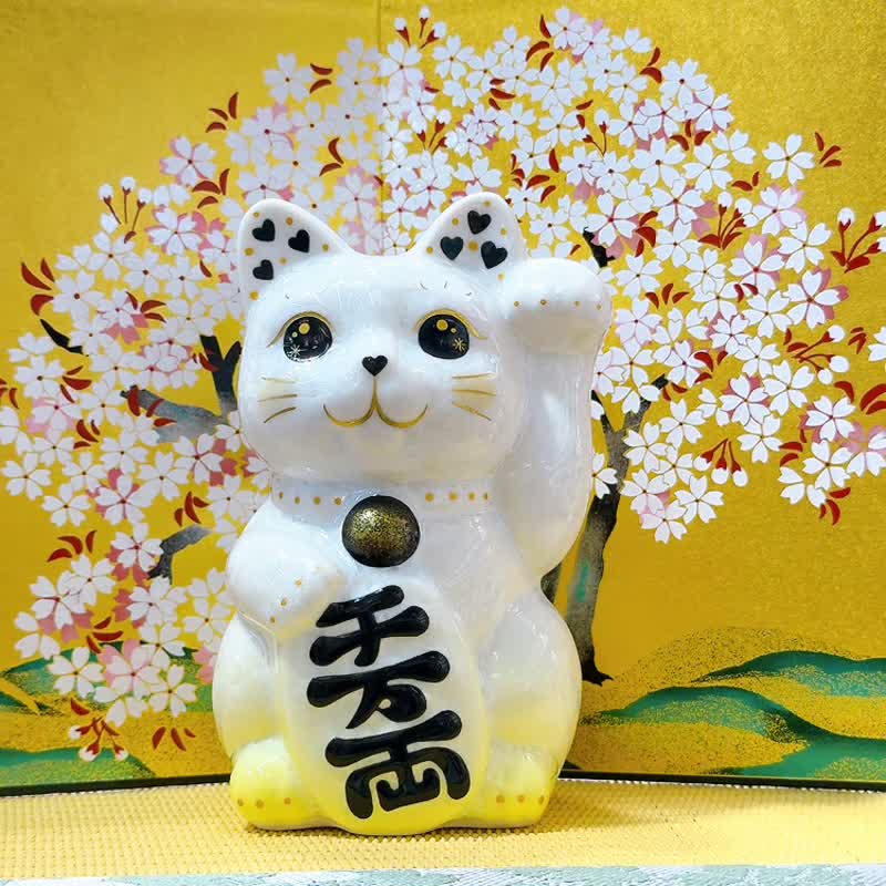 【黃晶聚福】日本清水燒招財貓 | 花結晶 黃白 - 千万両 左 - 擺飾/家飾品 - 瓷 白色