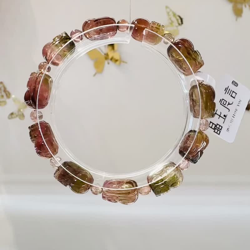 Natural two-color tourmaline Lucky Pixiu 18.59g crystal bracelet Wangfu Stone multifunctional magnetic field improves wealth - Bracelets - Crystal Multicolor