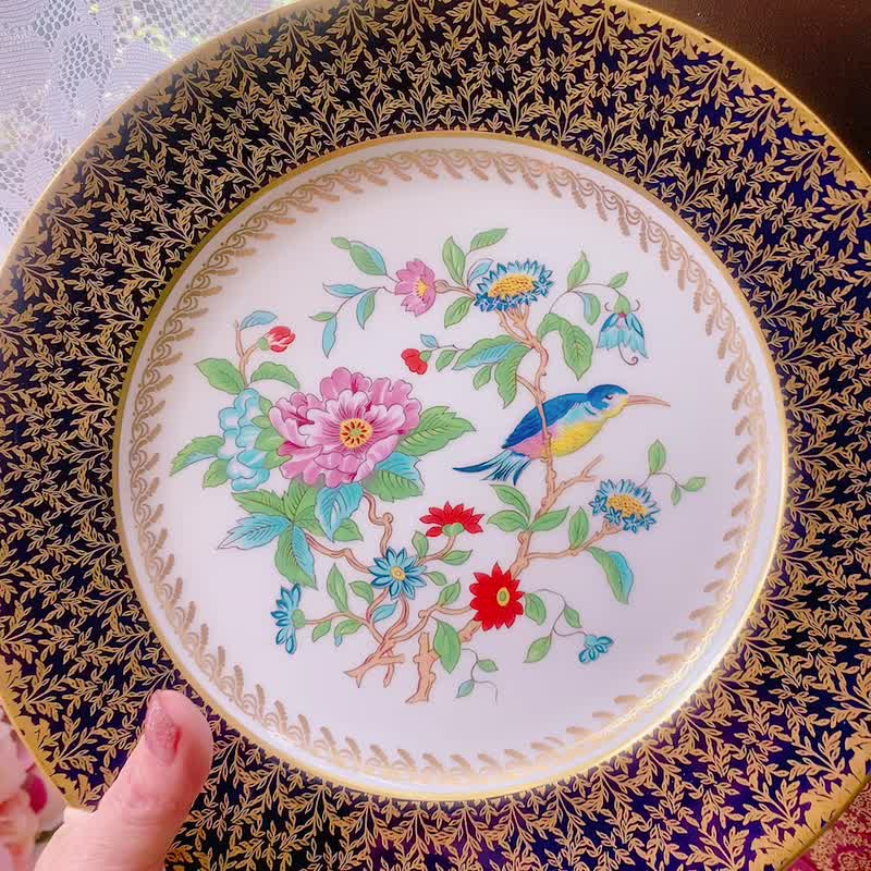 British bone china royal Aynsley hand-painted flower bird cake plate collection plate birthday gift - จานและถาด - เครื่องลายคราม หลากหลายสี