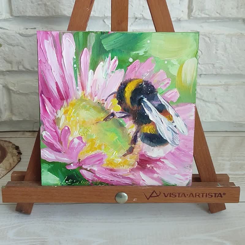 Bumblebee Oil Painting Bee Small Art  Bee Artwork Flower Painting Bee Oil Art - 壁貼/牆壁裝飾 - 其他材質 粉紅色