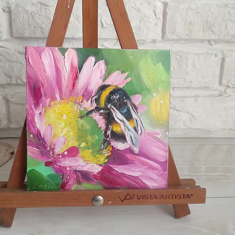マルハナバチ 油絵 蜂 小さなアート 蜂のアートワーク 花の絵 蜂の油絵アート - ウォールデコ・壁紙 - その他の素材 ピンク