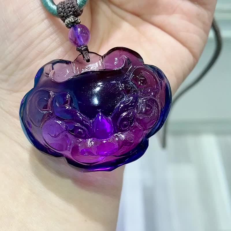 極品天然天然烏拉圭紫水晶吞金獸如意吊墜 晶體通透干淨工藝精湛 - 項鍊 - 水晶 