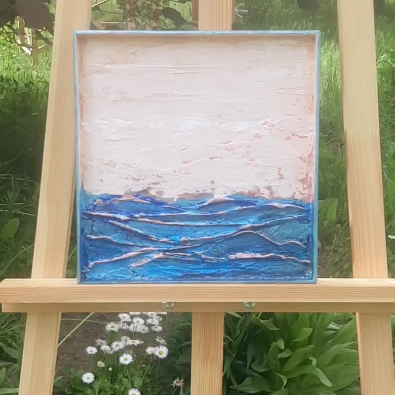 アーティストによる小さな抽象的な額入り絵画、海の風景、青ベージュ色 - ウォールデコ・壁紙 - その他の素材 ブルー