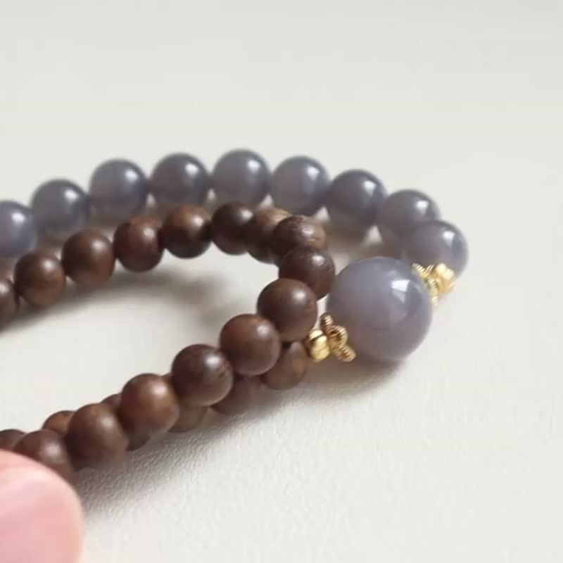 新中式天然8mm青海和田玉冰糯底老料煙紫玉沉香雙圈手鏈 半山半水 - 手鍊/手環 - 玉石 