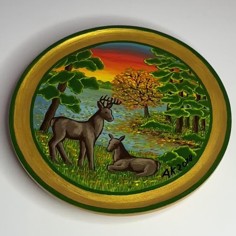 Plate Deer Forest, golden color, wooden home decor, animal art, home office - 擺飾/家飾品 - 木頭 綠色