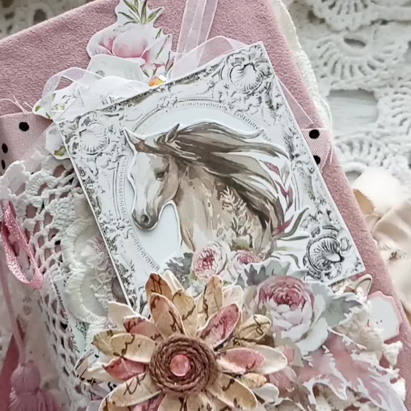French junk journal handmade Cottage Life dairy Lace horse roses journal Elegant - 筆記本/手帳 - 紙 粉紅色