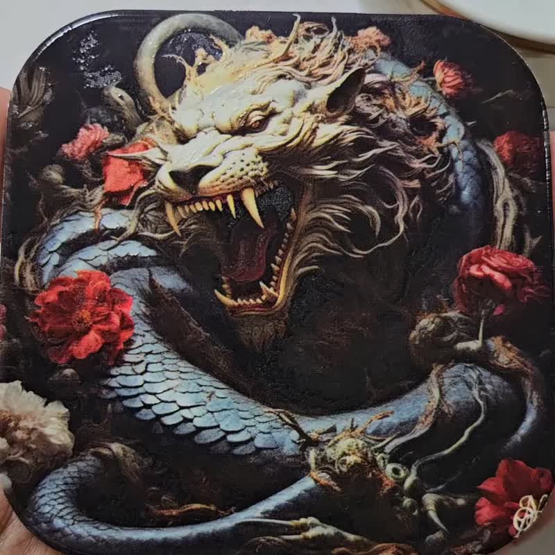 獅與蛇-吸水陶瓷杯墊 - 杯墊 - 陶 黑色