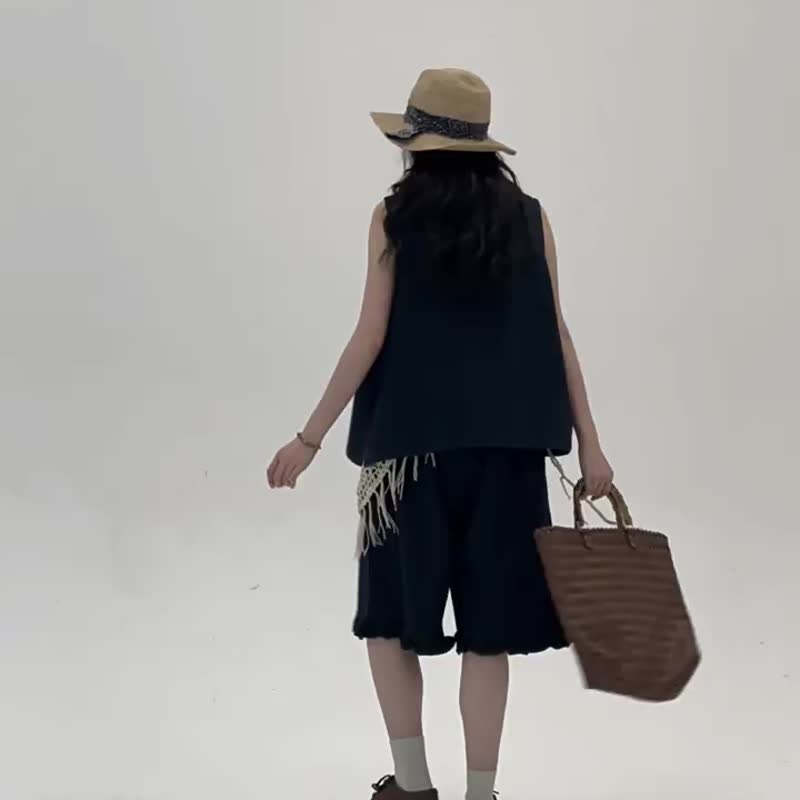 牧場少女牛仔套裝 簡約休閒百搭寬鬆顯瘦無袖套裝 - 背心/無袖上衣 - 棉．麻 藍色