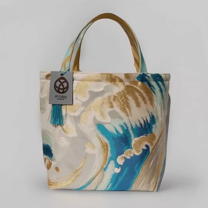 獨一無二真絲和服袋帶托特包, 日本手工刺繡升級改造包, 和風藝術 - 手提包/手提袋 - 絲．絹 藍色