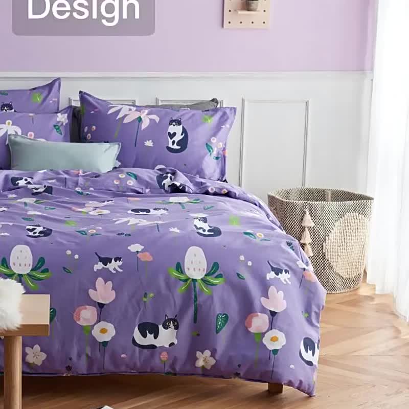 紫郁喵 枕套+被套兩件組 單人雙人原創手繪貓咪40支純棉 床包另購 - 寢具/床單/被套 - 棉．麻 紫色
