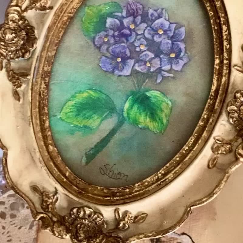 Hydrangea and White Butterfly-A / Embroidered Flower lover Butterfly Painting Antique Style Antique Interior Decoration - โปสเตอร์ - กระดาษ สีน้ำเงิน