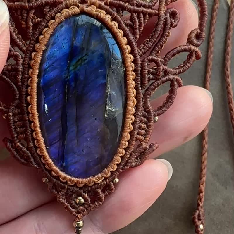 N380 民族風 南美蠟線編織 拉長石 銅珠項鍊 (可調長度) - 項鍊 - 寶石 咖啡色