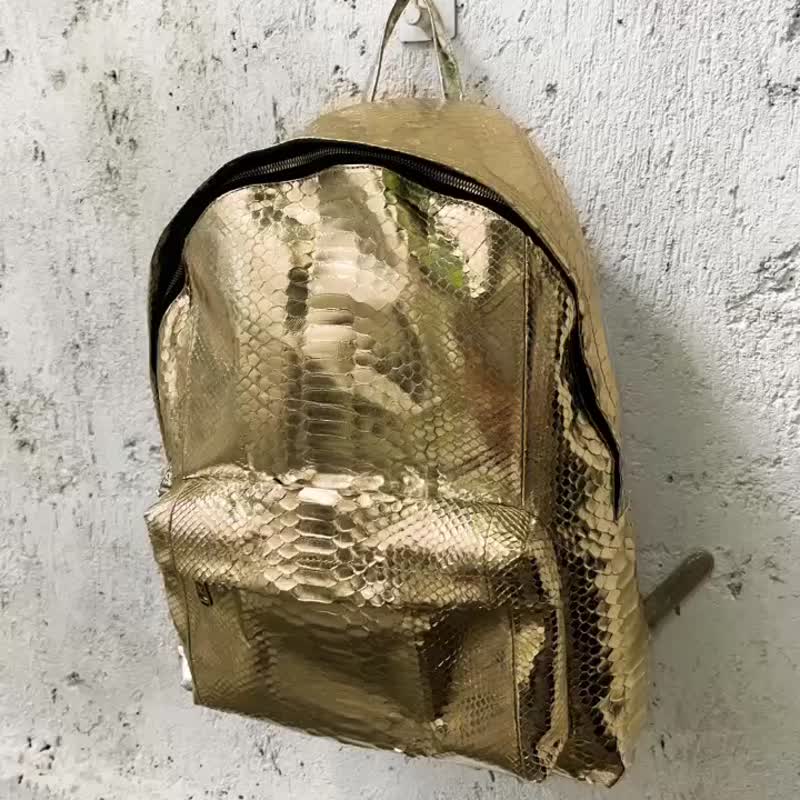 Blue Metallic Python Leather Backpack Snakeskin Rucksack Laptop Bag Hand Luggage - Backpacks - Genuine Leather Gold