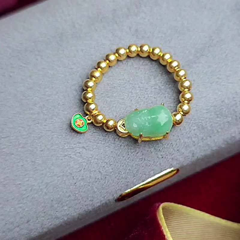 招財神獸|綠貔貅萬用台|緬甸A貨翡翠純銀金珠設計款戒指 - 戒指 - 玉石 