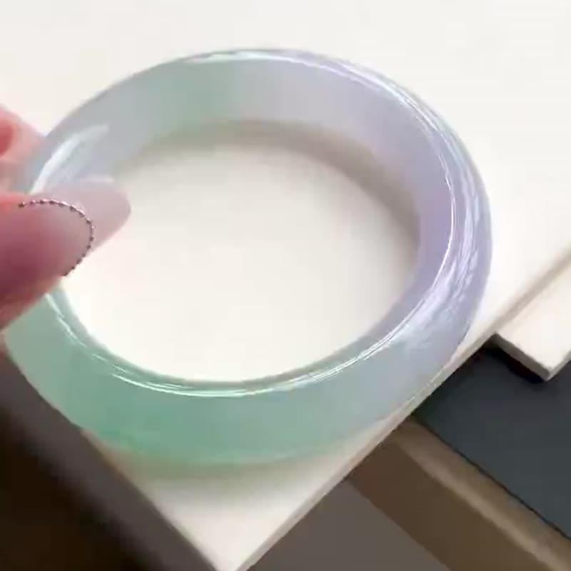 冰種翡翠天然翡翠玉鐲 A玉手鐲玉鈪 • 冰種春帶彩翡翠圓鐲 - 手鍊/手環 - 玉石 紫色