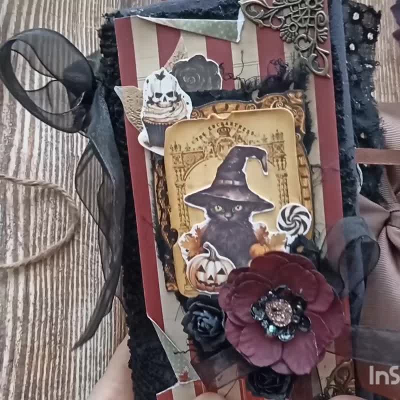 Halloween black cat journal handmade Witch gothic moon notebook spooky magic - สมุดบันทึก/สมุดปฏิทิน - กระดาษ สีดำ