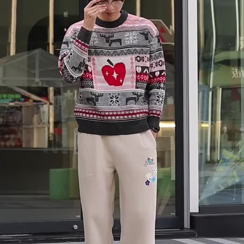 Christmas sweater for couples, made of woolen yarn. Winter apple-themed sweater - สเวตเตอร์ผู้ชาย - ผ้าฝ้าย/ผ้าลินิน 