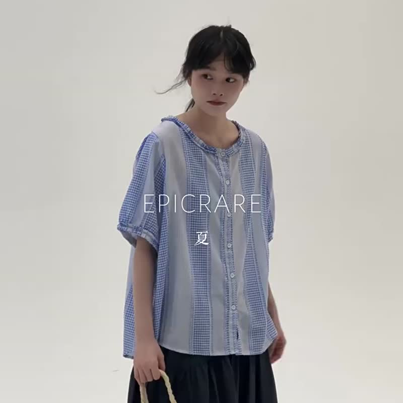 藍色格紋 拼接條紋襯衫 日系文藝簡約復古百搭撞色小清新休閒襯衣 - 女襯衫 - 棉．麻 藍色
