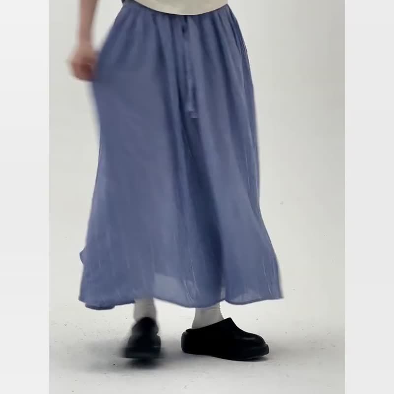 Blue striped pleated blue skirt ramie Japanese style drape versatile retro loose skirt one size - กระโปรง - ผ้าฝ้าย/ผ้าลินิน สีน้ำเงิน