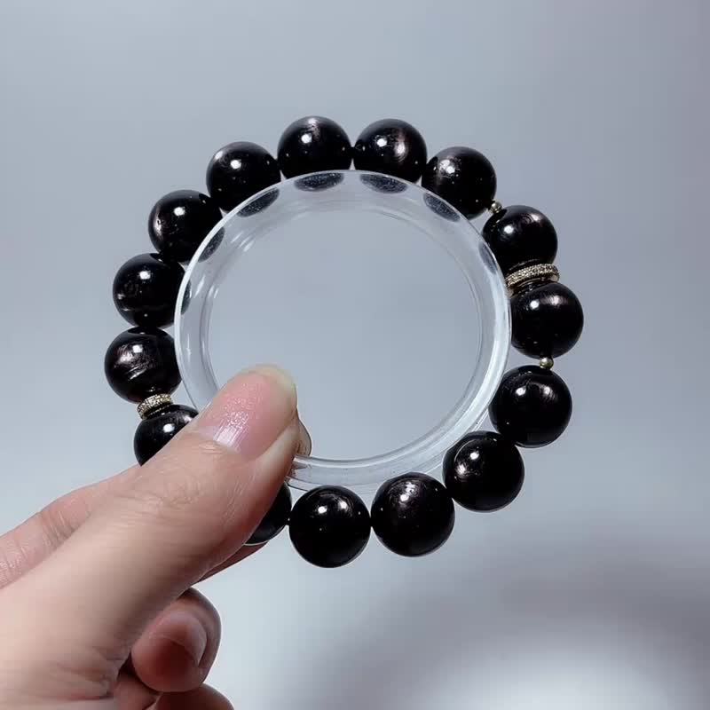 天然礦石 頂級 金運石 13.5 mm 手鍊 - 手鍊/手環 - 寶石 黑色