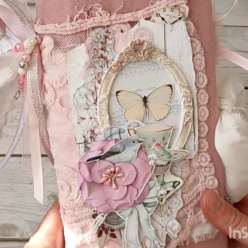 French roses junk journal handmade Elegant garden dairy Lace flowers notebook - 筆記本/手帳 - 紙 粉紅色