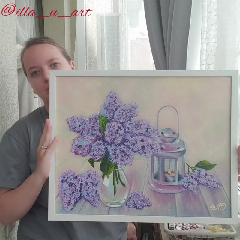 Lilac Painting Still Life Original Art Flower Artwork Bouquet Frame Oil Painting - 海報/掛畫/掛布 - 其他材質 多色