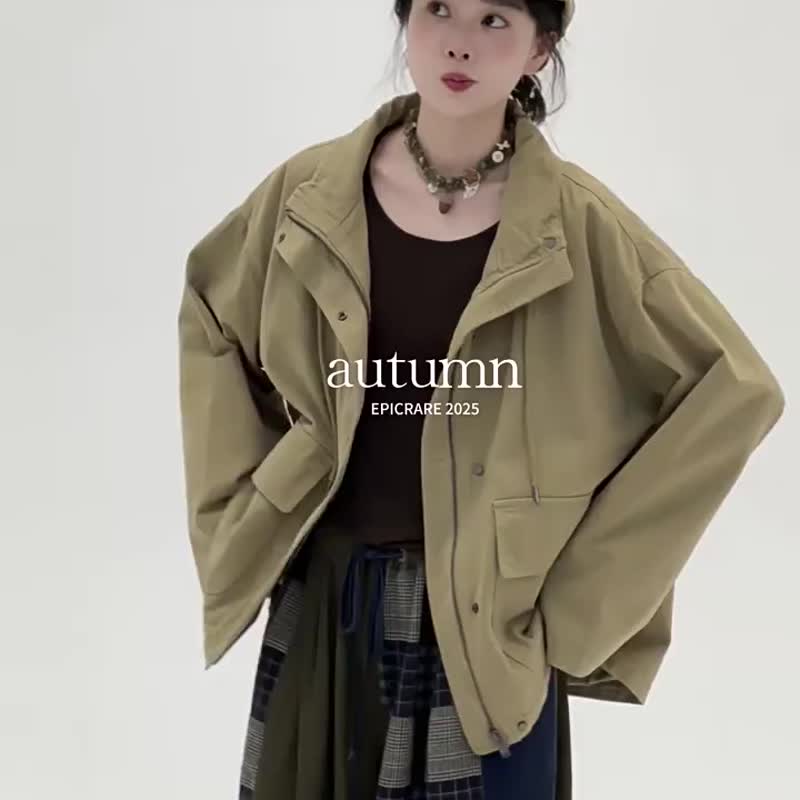 3顔色 立領工裝夾克 日系工裝風基礎款 中性男女外套上衣 - 女大衣/外套 - 棉．麻 卡其色