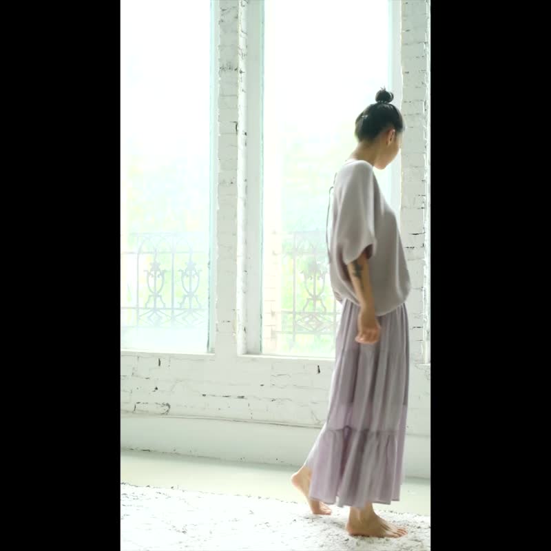 OMAKE Sheer Double-layer Umbrella Pants Skirt / Salubu Lilac - กางเกงขายาว - ผ้าฝ้าย/ผ้าลินิน สีม่วง