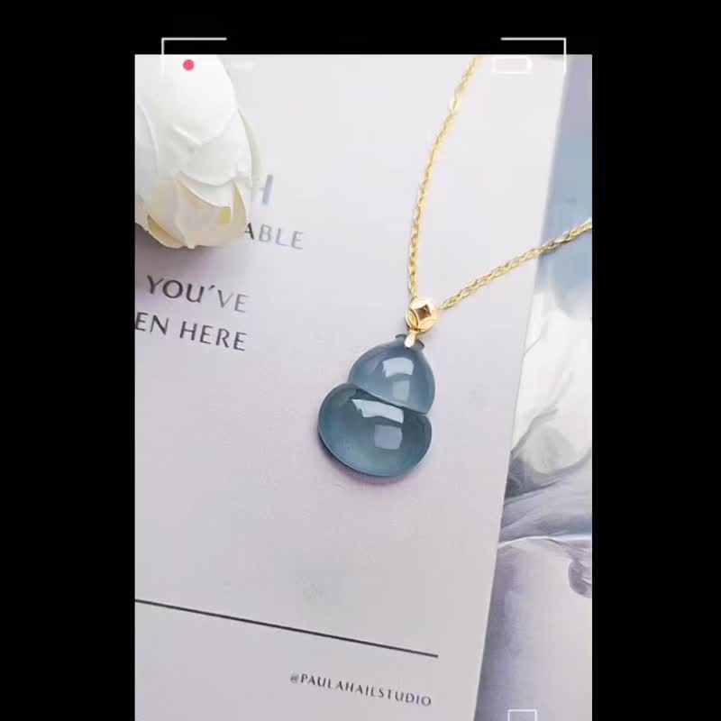 Blessed and rich | Pure 18k gold ice glass blue steel | Grade A jadeite large gourd copper coin unisex pendant necklace - Necklaces - Jade 