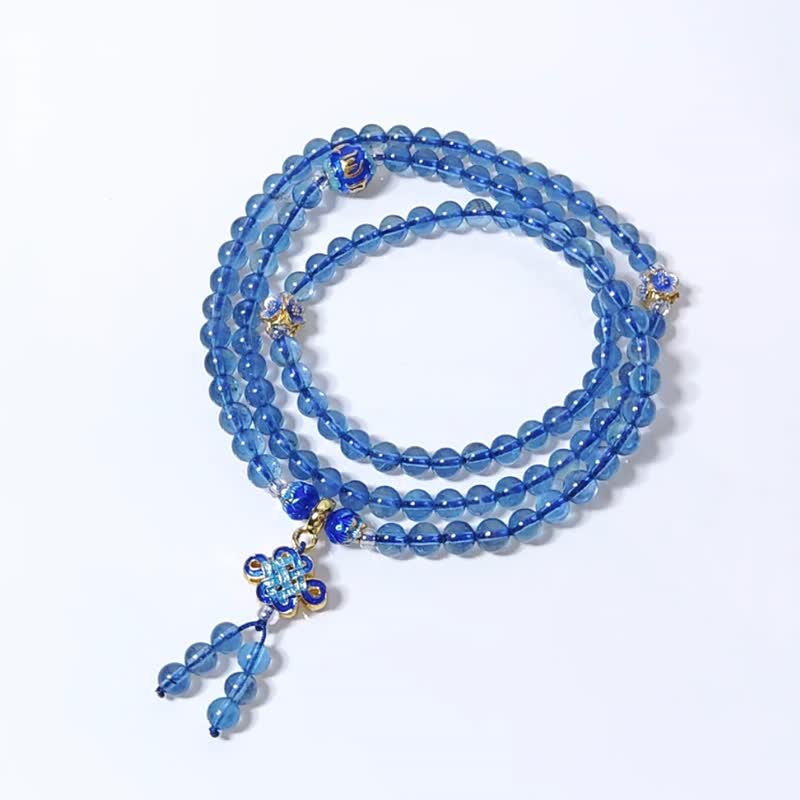 Devil's Blue Aquamarine Enamel Plate with Six-Word Mantra 108 Bracelet Rosary 4.5mm Single Product - Bracelets - Gemstone Blue