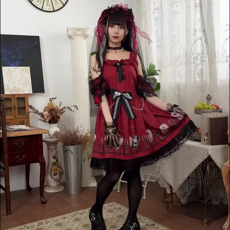 原創哥德蘿莉塔台灣繪師naiguozi兔之安魂夜JSK肩帶洋裝【JJ4078 - 洋裝/連身裙 - 棉．麻 