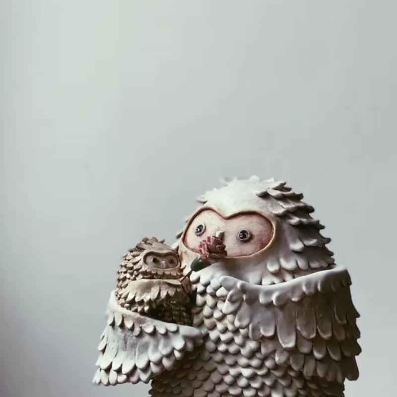 你是我的春天 貓頭鷹母子 陶雕塑作品/限量款 - 公仔/玩偶 - 陶 白色
