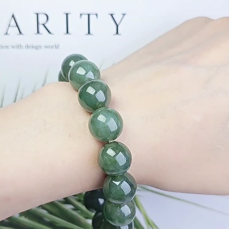 |Endless flow of wealth|Myanmar A-grade jade ice old oil green large card beads 13.5mm hand string beads - Bracelets - Jade 