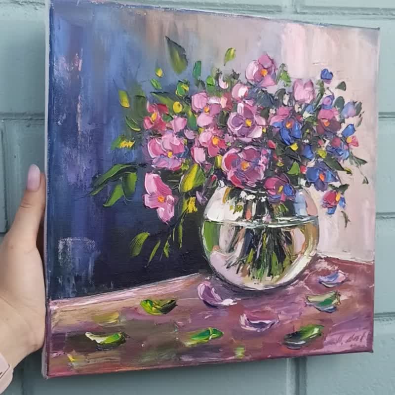棉．麻 壁貼/牆壁裝飾 紫色 - Flower Oil Painting Floral OriginaI Flowers Artwork Canvas